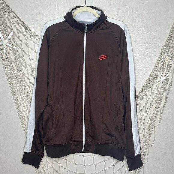 Vintage NIKE Track Warm Up Jacket Full Zip Brown With Trim Silver Tag Y2K L - Picture 1 of 8